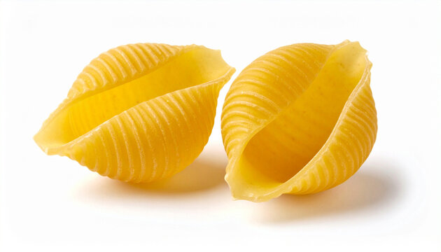 Two large raw conchiglioni jumbo shell pasta pieces isolated on clean white background with soft shadow. Traditional Italian durum wheat pasta shells for stuffing, gourmet cooking, and recipe design.