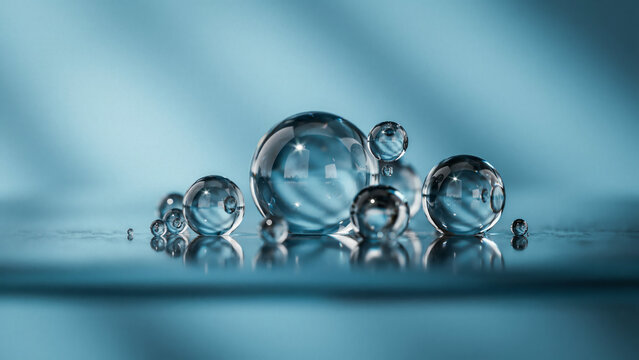 Group of transparent liquid spheres resting on a reflective blue surface with soft light and realistic refractive optical depth