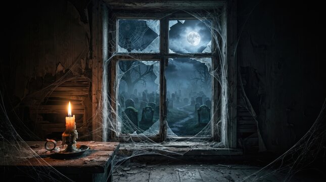 A glowing candle sits on a rustic wooden windowsill in a dark room overlooking a spooky moonlit forest scene