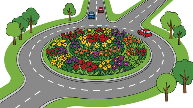 Colorful flower bed in road roundabout landscaped urban traffic island concept of city beautification