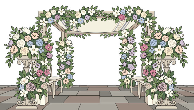 Elegant wedding chuppah decorated with flowers concept of romantic ceremony