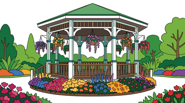 Park bandstand surrounded by colorful flowers and landscaped gardens concept of public recreation