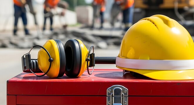 Yellow Protective Headgear And Hearing Protection Muffs Placed Upon Red Industrial Equipment Container With Construction Personnel Working Within The Blurred Distance During Road Infrastructure