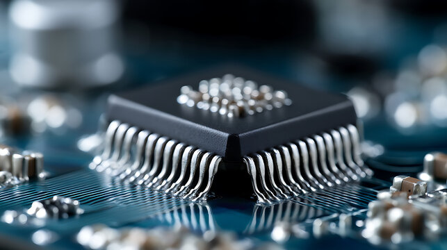 close up macro shot of a gold and silver computer chip on a circuit board