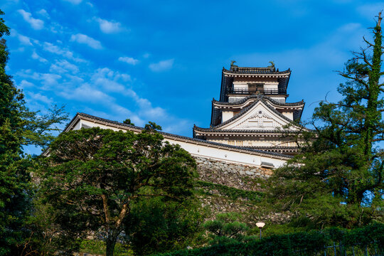 Original castle tower of Kochi Castle illuminated by morning light in Kochi Prefecture, Japan.