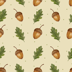 Cute watercolor acorn and oak leaves seamless pattern. Vintage hand painted woodland autumn background for nursery decor, children storybook endpaper and textile projects. © Marina Morenova