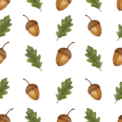 Cute watercolor acorn and oak leaves seamless pattern. Vintage hand painted woodland autumn background for nursery decor, children storybook endpaper and textile projects. © Marina Morenova