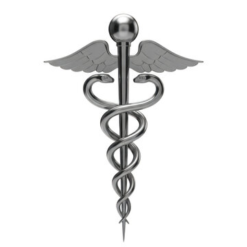 A silver caduceus symbol with wings and two snakes