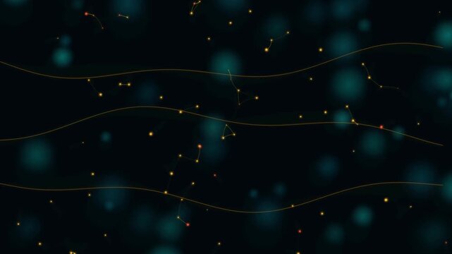 Dynamic background of glowing constellations and nebulae in deep space, moving through cosmic waves of light footage.