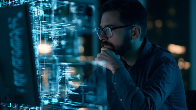 A holographic coding device, a focused man deep in thought about data analytics, digital technology. The programmer is engaged in cybersecurity research and IT programming