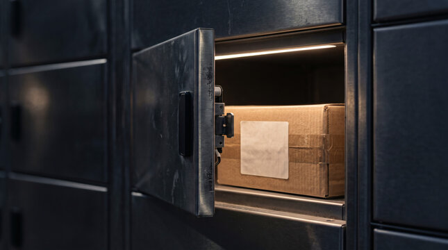 Parcel delivery service concept with a cardboard box inside an open automated locker