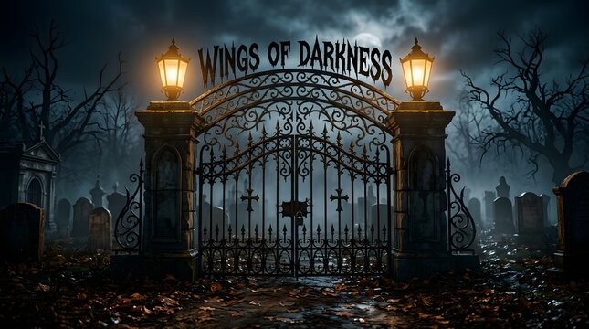 Spooky cemetery gate at night with glowing lanterns for a dark and mysterious happy halloween holiday background