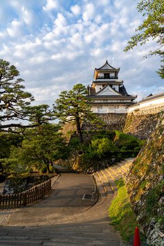 Original castle tower of Kochi Castle illuminated by morning light in Kochi Prefecture, Japan.