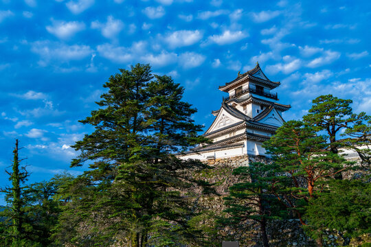 Original castle tower of Kochi Castle illuminated by morning light in Kochi Prefecture, Japan.
