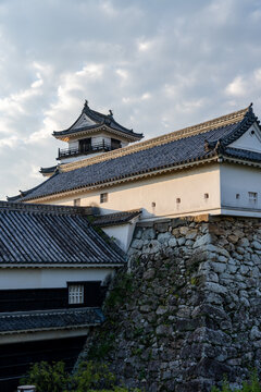 Original castle tower of Kochi Castle illuminated by morning light in Kochi Prefecture, Japan.