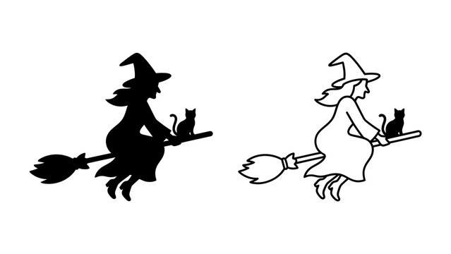 Witch on a Broomstick with Cat: Two illustrative depictions of a witch on a broomstick, one in silhouette and the other as an outline, accompanied by a black cat, embodying the spirit of Halloween.