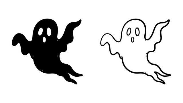 Spooky Duo: Two playful ghosts, one solid black and the other outlined in white, float eerily against a neutral backdrop, perfect for Halloween designs.