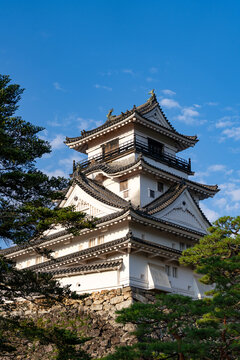 Original castle tower of Kochi Castle illuminated by morning light in Kochi Prefecture, Japan.