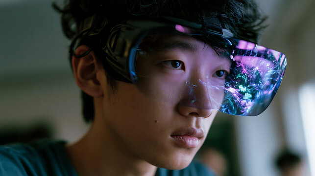 futuristic virtual reality experience shown through a man wearing a vr headset