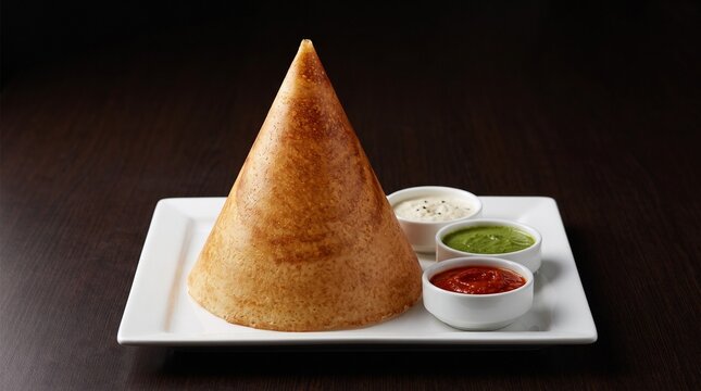 Tall Crisp Cone Dosa with Assorted Chutneys on Dark Background
