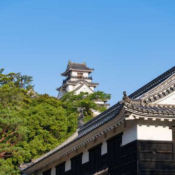 Original castle tower of Kochi Castle illuminated by morning light in Kochi Prefecture, Japan.