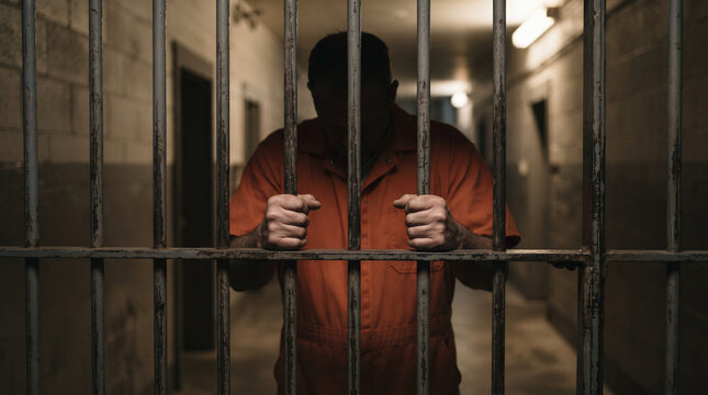 Prisoner Gripping Jail Bars in Orange Uniform