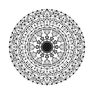 Circular geometric mandala with branching tree patterns and dots on a white background