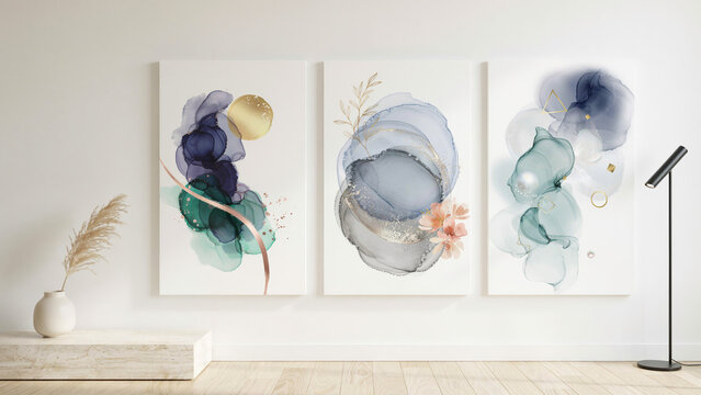 Set of Three Contemporary Abstract Watercolor Canvas Wall Art Prints Featuring Fluid Ink Designs and Gold Metallic Accents for Modern Interior Decor