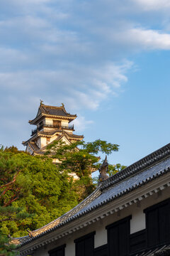 Original castle tower of Kochi Castle illuminated by morning light in Kochi Prefecture, Japan.