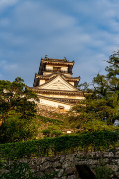 Original castle tower of Kochi Castle illuminated by morning light in Kochi Prefecture, Japan.