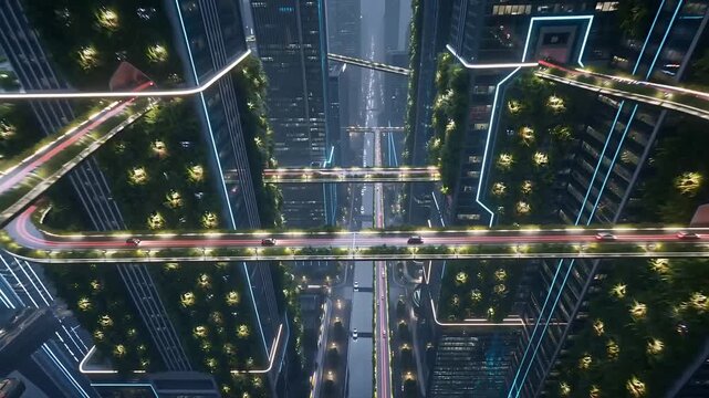 Cyberpunk Smart City Night Aerial