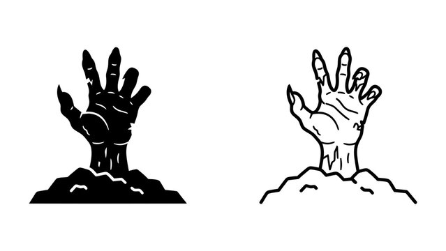 Zombie Hand Emerging from Ground: Two stylized illustrations depict a disembodied hand, one solid black and the other a line drawing, emerging from the soil, evoking a sense of horror and the undead.