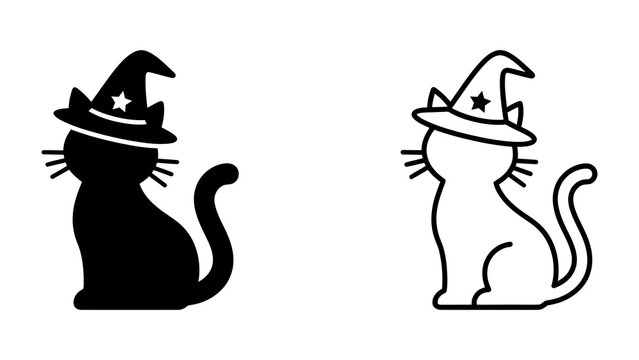 Halloween Cat Icon: Two stylized icons of a cat wearing a witch hat, one solid black and the other outlined in black, ready for Halloween festivities.