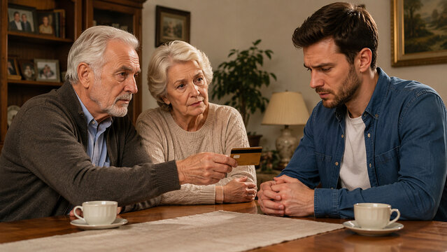 Senior parents offering a credit card to their concerned adult son at home, representing financial support, family dependency, parental help and money problems.