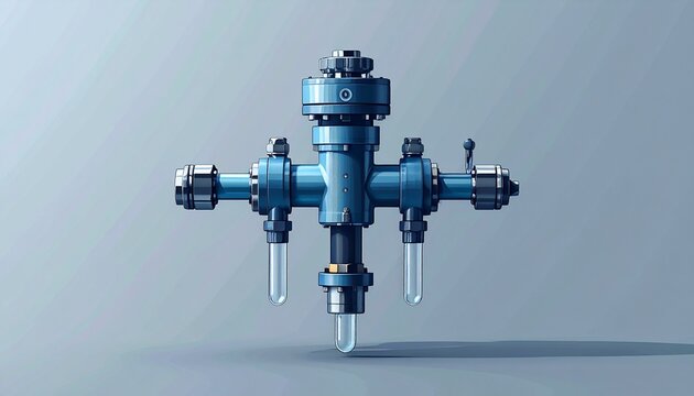 Industrial Valve Assembly with Multiple Ports and Pipes.