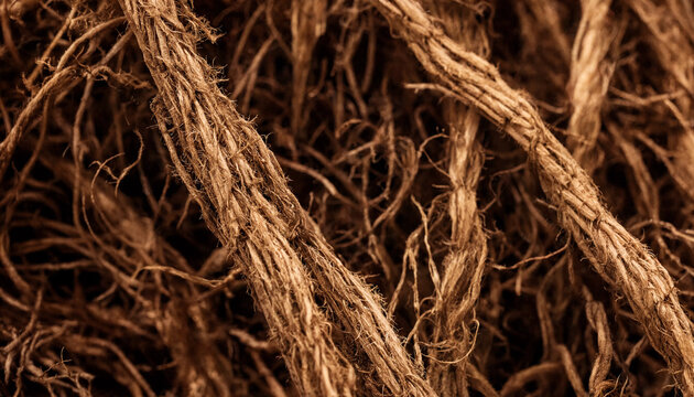 A macro close-up of thick, twisted brown natural fibers or rope, showing the intricate texture and rugged detail of the woven organic