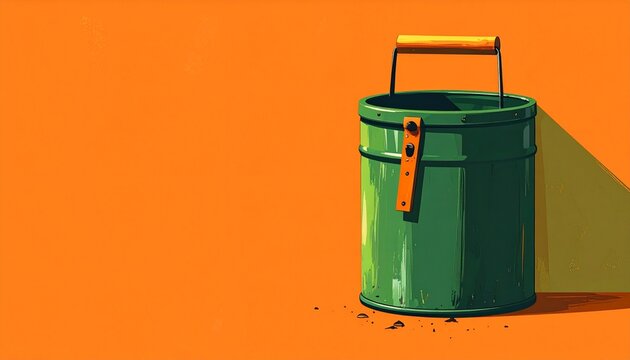 Green metal paint bucket with wooden handle on orange background.