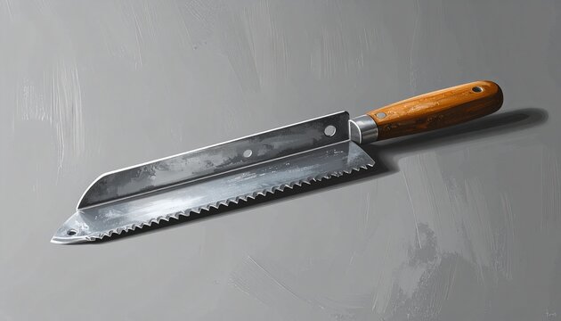 Sharp serrated bread knife with wooden handle on gray background.