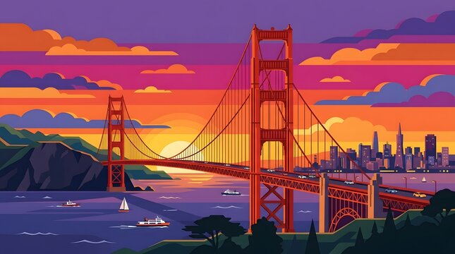 Golden Gate Bridge in San Francisco at sunset with a stylized city skyline vector illustration