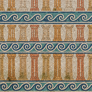 ncient Roman Colonnade and Wave Border Mosaic Wall Texture Background

Descripci&oacute;n
High-resolution texture background featuring a decorative stone mosaic panel with double Greek wave scroll friezes fr