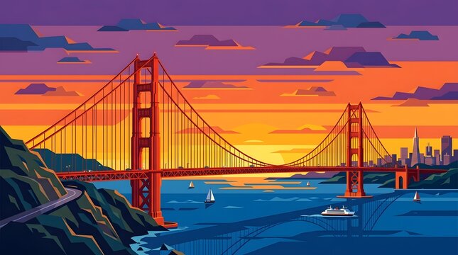 Vector illustration of the Golden Gate Bridge at sunset with a panoramic view of the San Francisco skyline