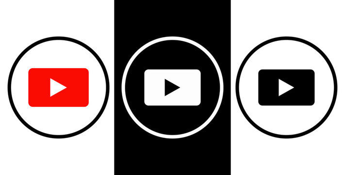 YouTube logo icon set, social media play button symbols in circles, black and white background video player application icons in Chittagong, Bangladesh on August 08, 2026