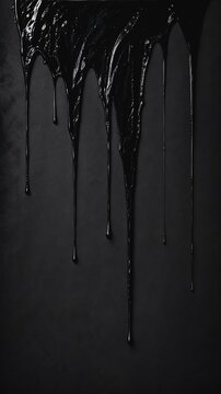 Glossy black paint dripping down a dark textured wall
