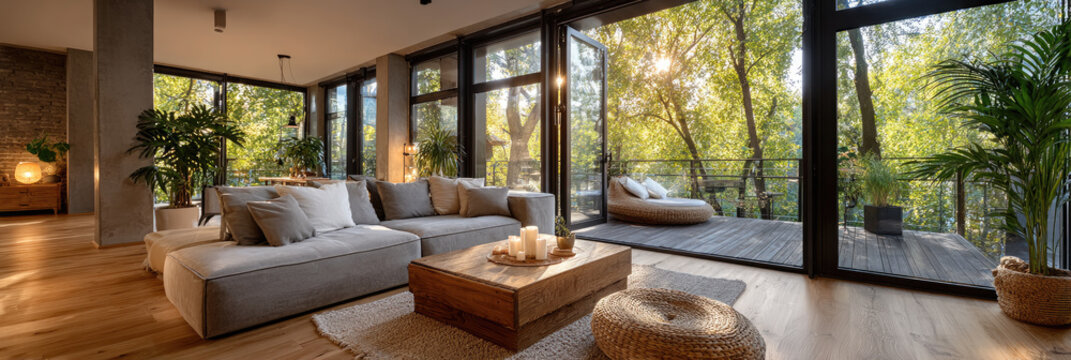Modern L shaped sofa and wooden coffee table furnishing a sunlit living room with wide glass doors, creating a strong connection to the serene green forest and outdoor terrace