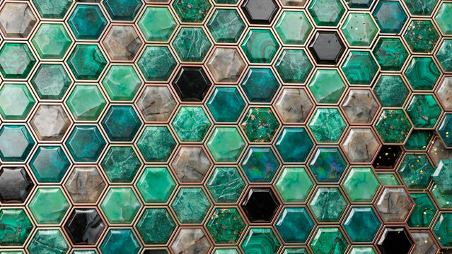 Luxurious Hexagonal Mosaic Tiles Featuring Vibrant Green Malachite and Deep Black Stone Textures for Elegant Interior Wall Design