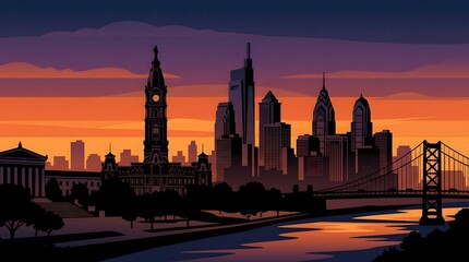 Naklejka premium Stylized vector illustration of the Philadelphia city skyline at sunset over the Schuylkill River