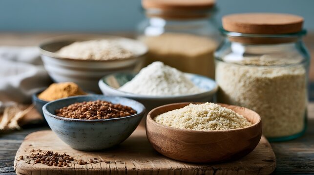 Various gluten free grains and flours displayed in bowls and jars on a wooden surface for cooking prepa n