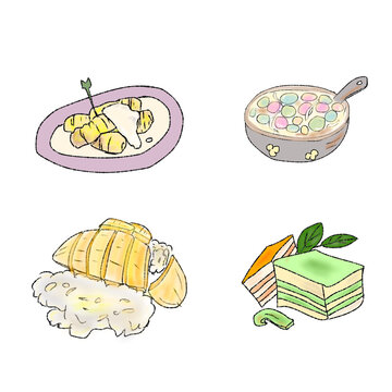 Cute hand drawn Thai dessert doodle illustration set featuring mango sticky rice, sweet banana in coconut syrup, bua loi rice balls, and layer sweet cake.  