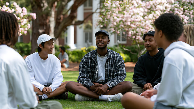 multicultural friends gathered in circle talking outdoors in park community discussion social lifestyle concept