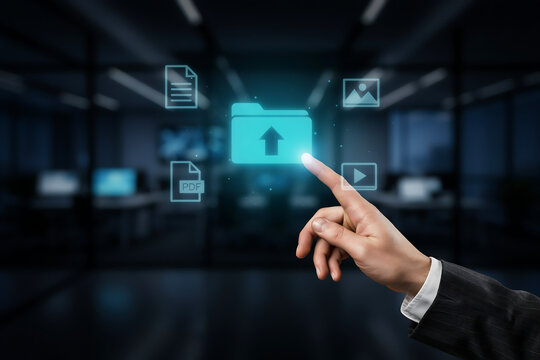 Businessman touching file upload folder icon with glowing digital document and media interface icons
